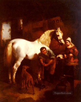 monochrome black white Painting - The Village Blacksmith Herring Snr John Frederick horse